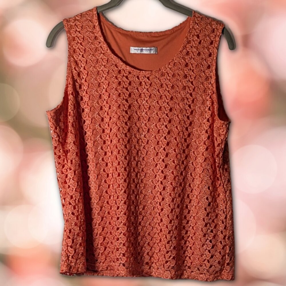 ALLISON DALEY PETITE Sz PM Rust Orange Crochet Lace Knit Tank Top Base Layer